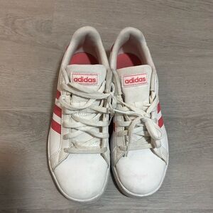 Adidas Court K White Sneakers with Pink Glitter Stripes Kids Size 4.5